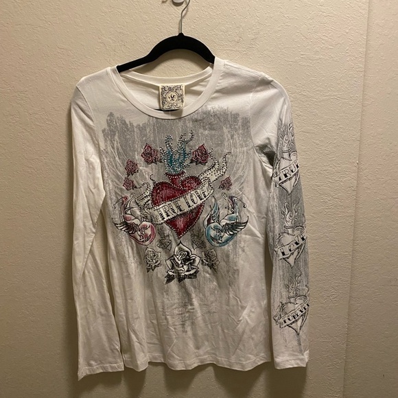 Vocal Embellished True Love Tattoo Print Long Sleeve T-Shirt New Without Tag - Picture 1 of 8